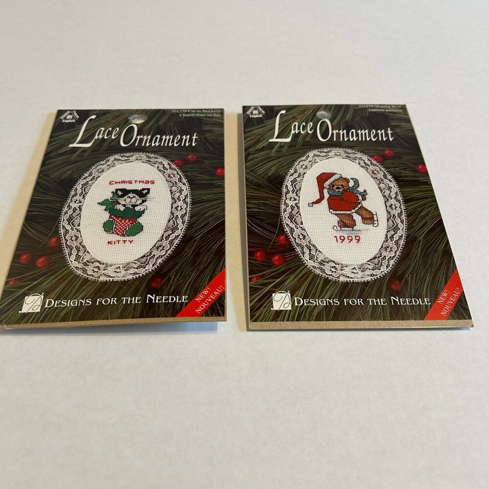 Two sealed vintage cross stitch lace Christmas ornament kits